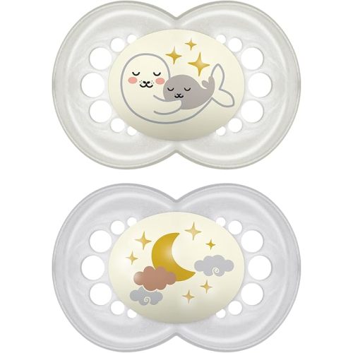 MAM Night Pacifiers (2 Pack, 1 Sterilizing Pacifier Case), MAM Pacifiers 6+ Months, Best Pacifier for Breastfed Babies, Glow in the Dark Pacifier, Baby Unisex Pacifiers