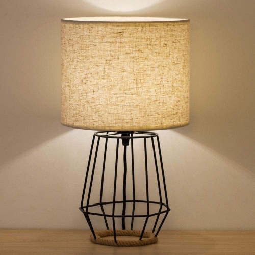 Farmhouse Table Lamp Basket Cage Style Black Chrome Metal Base with Linen Fabric Shade
