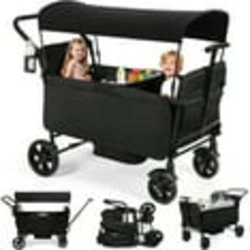 Vomeast Wagon Stroller for Kids, Spacious 2-Seater Stroller Wagon with Adjustable Canopy, Pull & Push Handle, 5-Point Harness, Foldable, Black