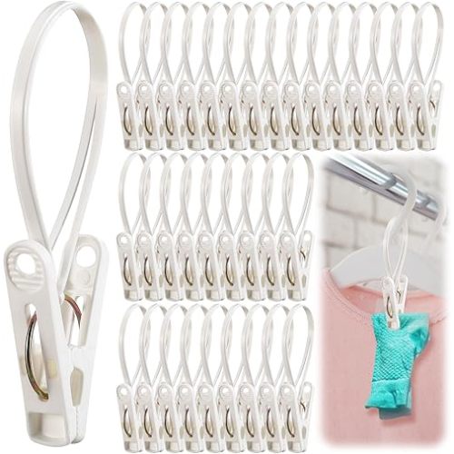 Honeydak 60 Pack Multi-Purpose Laundry Hooks Hanging Clips Bulk with Plastic Rope Hanger Clips for Baby Clothes Closet Organizer for Pants Hat Sock Boot Bra Towel Bathroom Wardrobe Kitchen, White