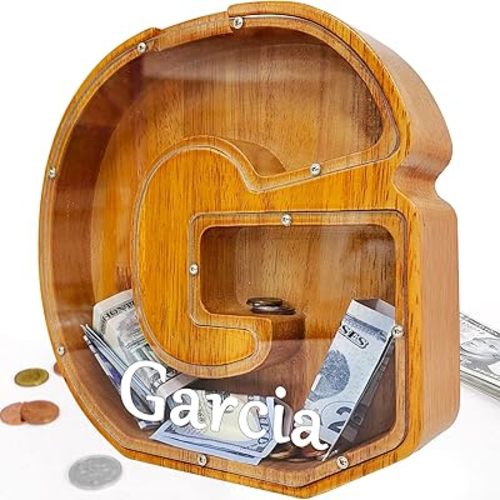 Custom Wooden Piggy Bank, (Laser Engraved Name) Creative Twenty-Six English Alphabet Letter Storage Tank Personalized Letter Coin Bank Customized Wood Toy DIY Name Letter Kids Money Bank (G)