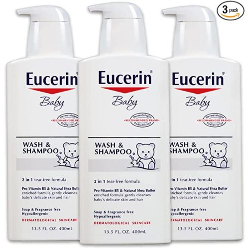 Eucerin Baby Wash & Shampoo - 2 in 1 Tear Free Formula, Hypoallergenic & Fragrance Free, Nourish and Soothe Sensitive Skin - 13.5 Fl Oz (Pack of 3)