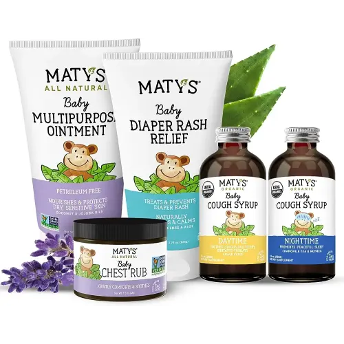 Matys Baby Essentials Kit, for Newborn Parents or Baby Registry Gift, All of Our Favorite Baby Care in One: Chest Rub, Multipurpose Ointment, Diaper Rash Relief, USDA Organic Baby Cough Syrups, 5 pcs