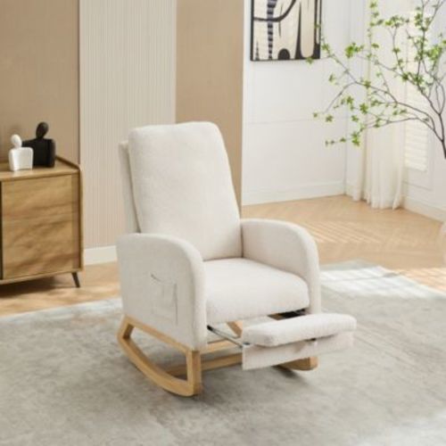 25.4" Rocking Chair with Retractable Footrest, Side Pocket, Ivory