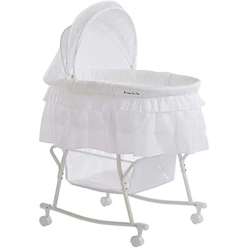 Dream On Me Lacy Portable 2-in-1 Bassinet & Cradle with Full Canopy, Storage Basket, Locking Wheels, Lightweight Frame, JPMA & BSA Certified, Includes 1” Mattress Pad - White