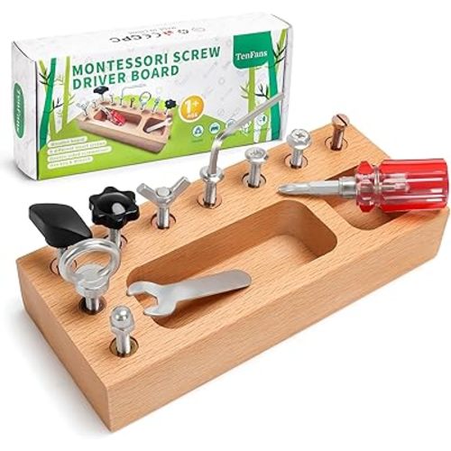 Montessori Busy Board for Toddlers 1-3 Years, Wooden Screwdriver Activity Board, Fine Motor Skills & Sensory Development Toy, Preschool Learning & Travel