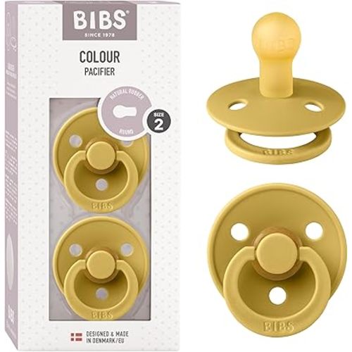 BIBS Pacifiers Colour Collection | Natural Rubber Baby Pacifier | Set of 2 BPA-Free Soothers | Made in Denmark | 6+ Months (Pack of 2) | Mustard