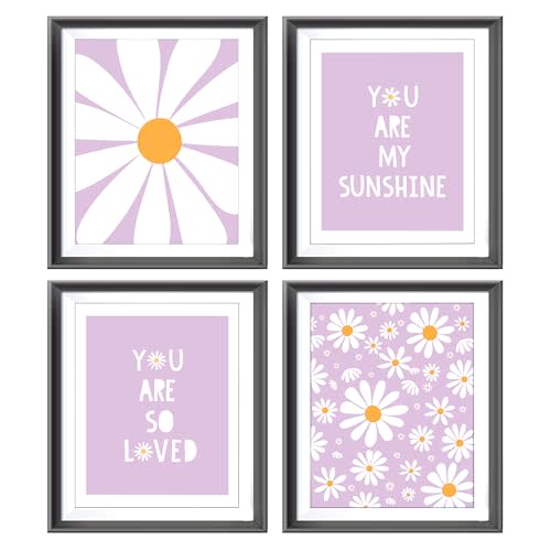 AEHIE Boho Purple Daisy Flower Decor Wall Art Print, You Are My Sunshine Poster Prints for Baby Girls Room Nursery Decor, Bohemian Wall Decor, Spring Aesthetic Floral Wall Art Print for Home, 4pcs