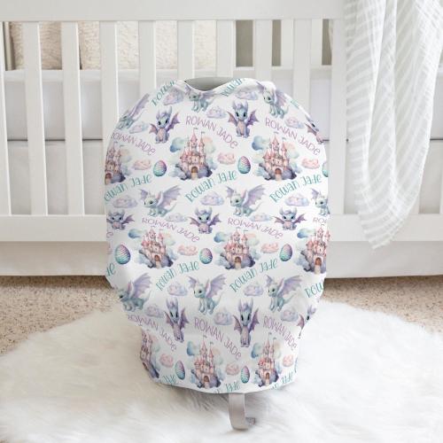GIRL DRAGON BABY Car Seat Canopy, Purple Dragon Nursing Cover, Personalized Baby Seat Cover, Dragon Baby Gift, Infant Girl Dragon Crib Sheet