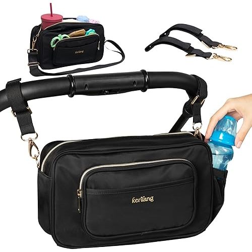 Stroller Caddy w/ Insulated Cup Holder, Universal Fit Parent Organizer w/ Wipes Pocket, Parent Sling Bag, Waterproof Mini Diaper Bag w/ Shoulder Strap, Large Capacity Stroller Organizer for Travel