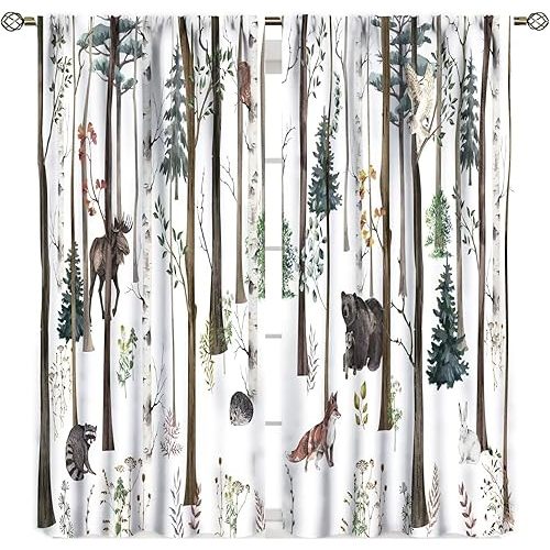 JESTRONRY Rustic Forest Bedroom Curtain,Watercolor Woodland Animals Deer Elk Foxes Bears Hedgehog Squirrel Owl Blackout Rod Pocket Window Drapes for Living Room Kitchen Decor W42xL63in