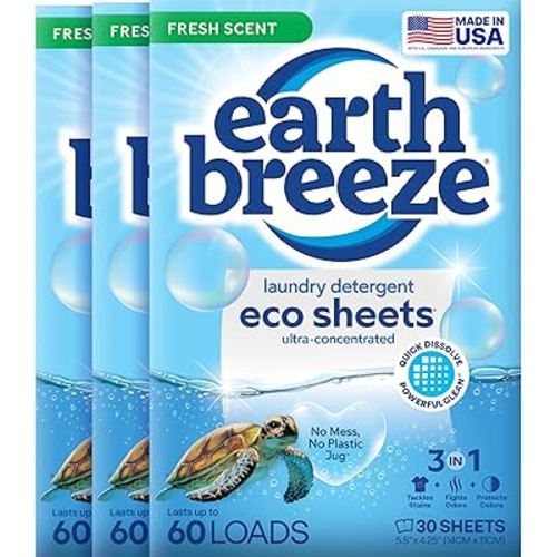 Earth Breeze Laundry Detergent Sheets Fresh Scent - 60 Loads per package. Eco Liquidless Soap - Travel-Friendly for Hot & Cold Cycles, Tackles Tough Stains & Odors - Gentle on Skin, 30 sheets (3 Pack)