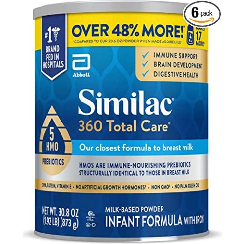 Similac 360 Total Care Infant Formula, with 5 HMO Prebiotics, Our Closest Formula to Breast Milk, Non-GMO, Baby Formula Powder, 30.8-oz Can (Case of 6)