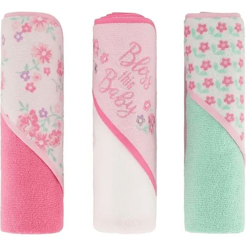 Cudlie Buttons & Stitches Baby Girl 3 Pack Rolled/Carded Hooded Towels in Bless This Baby Print, GS71730