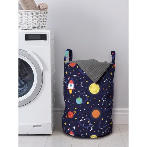 East Urban Home Ambesonne Spaceship Laundry Bag, Cosmic Themed Pattern Of Flying Spacecraft In Outer Space Stars Planets, Hamper Basket With Handles Drawstring Closure For Laundromats, 13" X 19", Indigo Multicolor | Wayfair