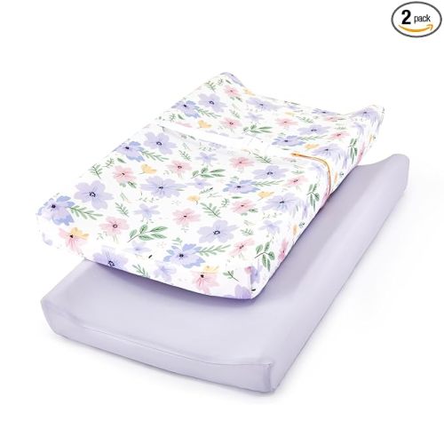 TILLYOU Changing Pad Cover Girl Set in Soft Jersey Material - Fits 32"/34''x16 Contoured Pad for Babies, Brilliant Little Flowers and Purple
