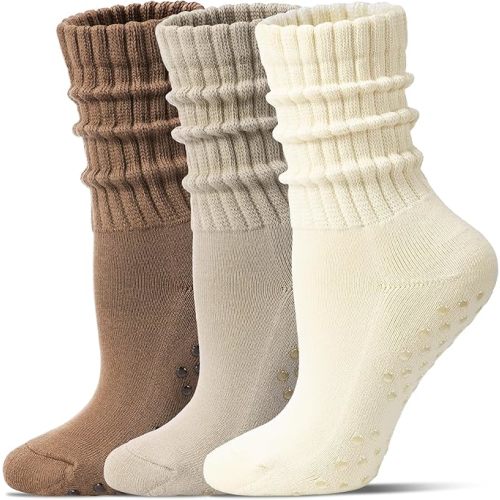 Pilates Socks for Women Mid Calf Slouch Yoga Socks with Non Slip Grippers for Barre Boot Sock 3 Pairs