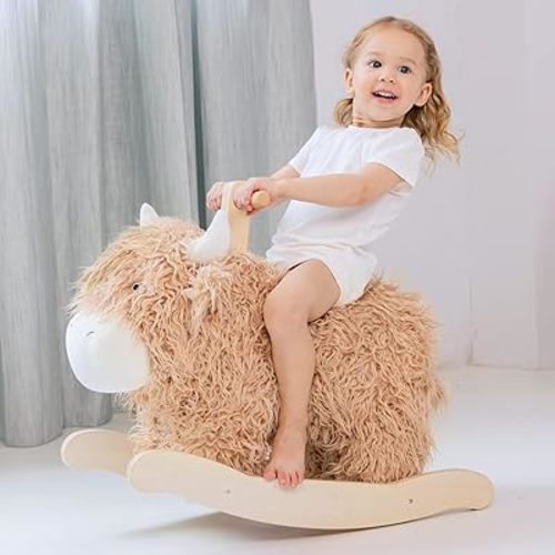 Baby Rocking Horse for 1 Year Old,Wooden Cow Animal Rocker Ride-on Toy Plush Wooden Rocking Toy for Nursery Playroom Indoor Wooden Rocking Horse Balance Seat with Handles Birthday Party Shower Gift