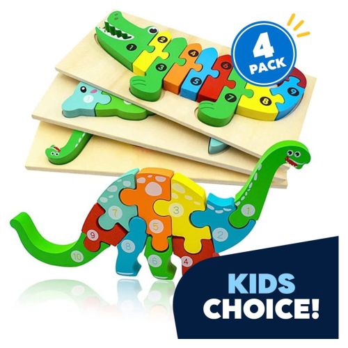 4 Pack - Montessori Wooden Puzzles + Coloring Book for Toddlers 2 3 4 5 Years Old, Animal Jigsaw Learning Toys for Kids, Children, Early Educational Color Sorting Block Puzzle Gift for Boy & Girls