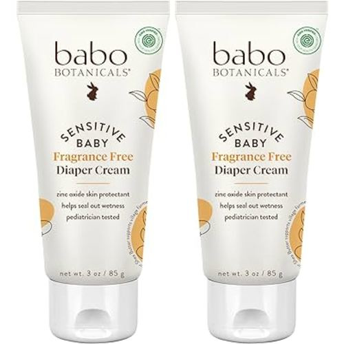 BABO Botanicals Sensitive Baby Fragrance-Free Diaper Cream - 25% Natural Zinc Oxide - Calendula, Shea & Cocoa Butter - EWG Verified - Vegan- from Birth on - 1 or 2 Pack
