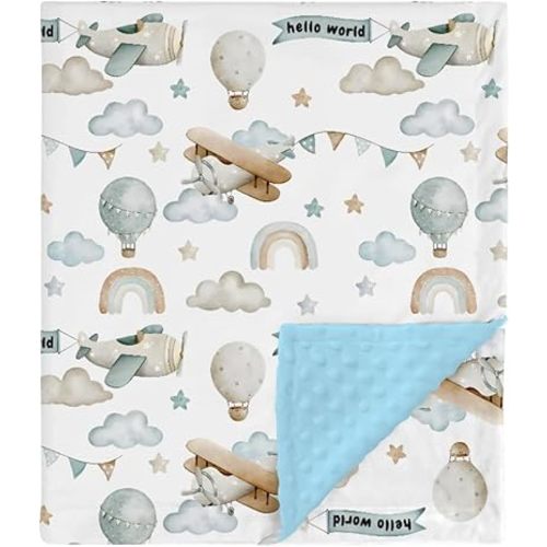 HawSkgFub Airplane Helicopter Hot Air Balloon Mink Baby Blanket Dotted Backing Boys Shower Gift, Blue Hello World Cloud Star Double Layer Nursery Swaddle, Newborn Infant Toddler Bed Crib Bedding 30x40