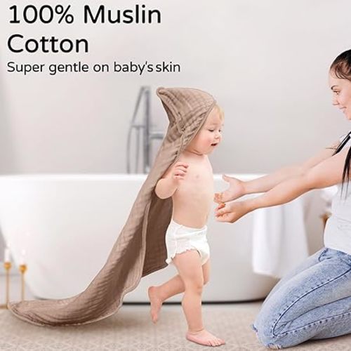 Yoofoss Hooded Baby Towels for Newborn 2 Pack 100% Muslin Cotton Baby Bath Towel with Hood for Babies, Infant, Toddler and Kids, Large 32x32Inch, Soft and Absorbent Newborn Essential - Beige & Coffee