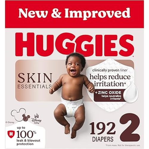 Huggies Size 2 Diapers, Skin Essentials Baby Diapers, Size 2 (12-18 lbs), 192 Count (3 Packs of 64), Packaging May Vary