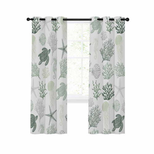 Sage Green Coastal Blackout Curtains 39 Inches Long for Bedroom,Nautical Summer Beach Coral Sea Turtle Thermal Insulated Room Darkening Black Out Window Curtain Panels Grommet Drapes for Living Room