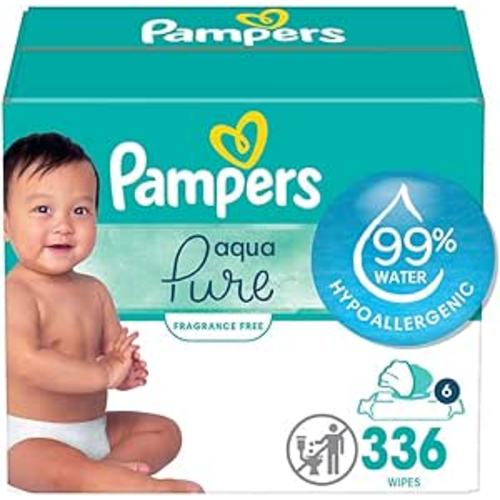 Pampers Baby Wipes Aqua Pure, 99% water-based wipes, Hypoallergenic and Unscented Infant Wipe, 336 Total (6 Flip-Top Packs)