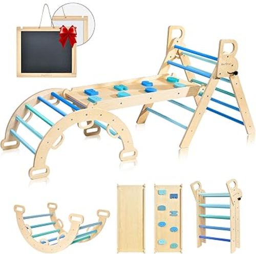 BlueWood Pikler Triangle Set, 7-in-1 Foldable Wooden Toddler Climbing Toys Indoor Playground Jungle Gym Montessori Philosophy Climber for 2-6 Years Old, Baby, Kids (Sky Blue)