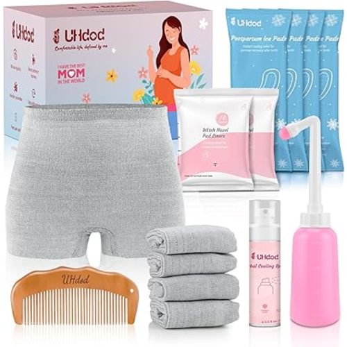UHdod Postpartum Essentials Kit, Postpartum Care Recovery Kit for New Mom Labor Delivery, Includes Disposable Underwear, Instant Ice Pads, Cooling Spray, Soothing Liners, Peri Bottle, Birthing Comb