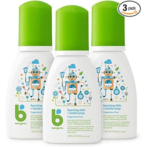 Babyganics Foaming Dish & Bottle Soap for Travel, Fragrance Free, Plant-Derived Cleaning Power, Removes Dried Milk, Packaging May Vary, 3.38 Fl Oz (Pack of 3)