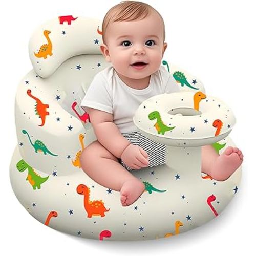 Inflatable Baby Seat with Tray, Blow up Infant Chair for Babies 3 Months and up, Comfortable Baby Floor Seats for Sitting Up, Built in Air Pump with Back Support Toddler Waterproof Sofa (Dinosaur)