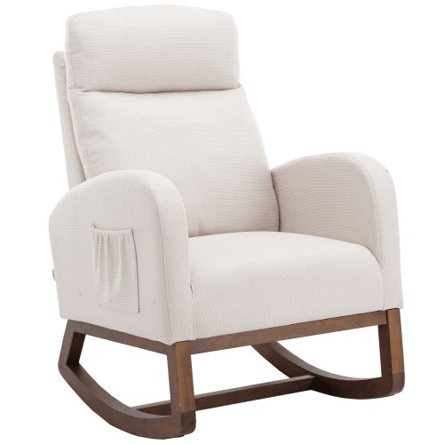 PAPROOS Rocking Nursery Chair, Linen Fabric Glider Chair with Wood Legs and Side Pocket, High Backrest Rocker Accent Chair Upholstered Armchair for Living Room, Beige
