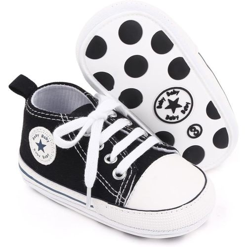 Unisex Baby Soft Sole Sneakers, Canvas Denim High Top, Newborn Infant First Walkers
