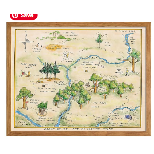 Winnie Pooh Nursery Decor FRAMED - LARGE 11X14 - Toddler Baby Room Wall Art - Little Boys Bedroom Decor - Baby Shower Decorations - Vintage Hundred Acre Wood - Kids Wall Art - Girls Room Decoration