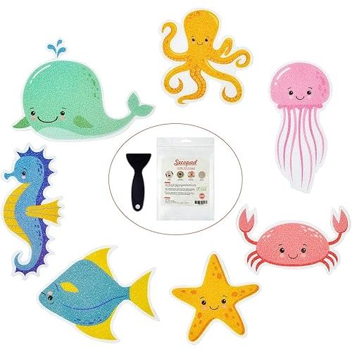 Non Slip Bathtub Stickers, 14 PCS Large Sea Adhesive Kids Anti Slip Decal Threads for Shower and Bath Tub with Premium Scraper