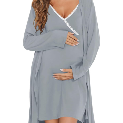 SWOMOG Womens Maternity Robe 2 Piece Nursing Nightgown for Breastfeeding 3 in 1 Labor Delivery Nursing Dress Lace Bathrobe