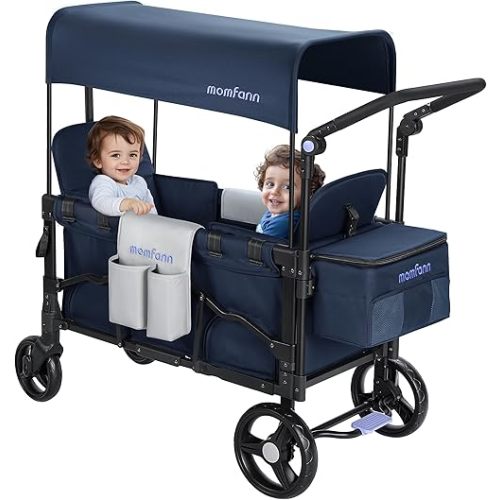 Wagon Stroller for 2 Kids, Double-Seater Baby Wagon with Canopy, Adjustable Handle and Pull Bar, Compact Design for Toddlers and Infants, for Outdoor Adventures (Blue)