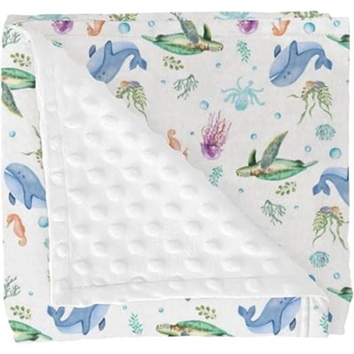 Retro Sea Animals Baby Blankets for Girl Boy Boho Sea Horse Turtle Jellyfish Starfish Coral Soft Mink Dotted Backing Double Layer Swaddle Blanket for Toddler Nursery Ocean Marine Bed Blanket 30x40