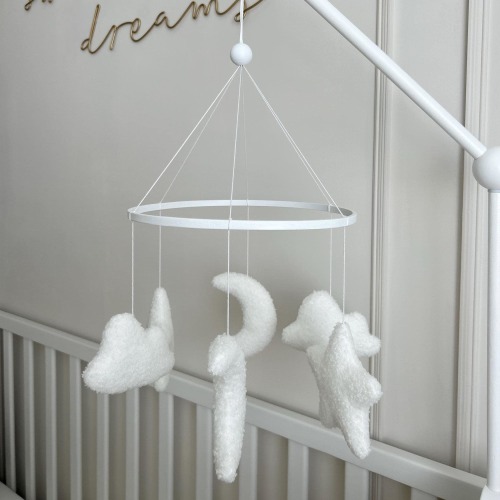 Boucle Starry Night Cot Mobile | White Star Cloud Moon Mobile | Boucle Mobile | Baby Shower Gift | White Cloud Cot Crib Arm | Crib Mobile