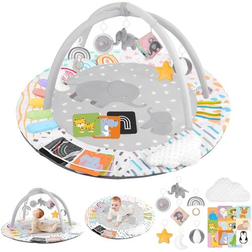 Baby Play Gym & Activity Mat, Tummy Time Mat with Tummy Time Pillow 7 Detachable Sensory Toys and Educational Cards for Motor Skills & Sensory Development, Baby Essentials Shower Gift, Grey Elephant