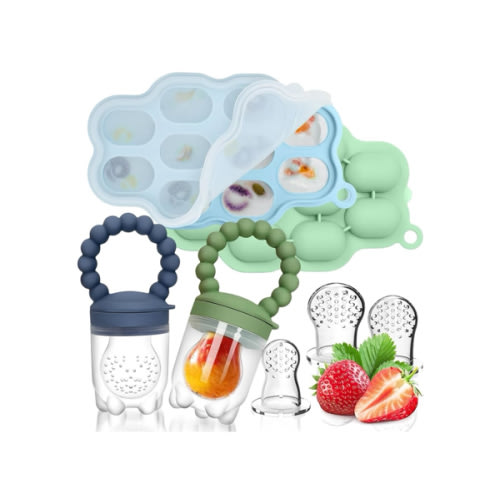 Silicone Baby Fruit Food Feeder, 2 Pack Freezer Tray with lid for Batch Prep,Introduce New Foods, Breastmilk Popsicle Molds, Silicone Teething Toys, Includes 6 Extra Food Pacifier