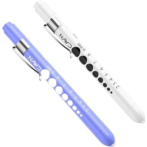 CAVN Pen Light with Pupil Gauge LED Penlight for Nurses Doctors, 2 Pcs Reusable Medical Penlight for Nursing Students (White/Bluish Purple)