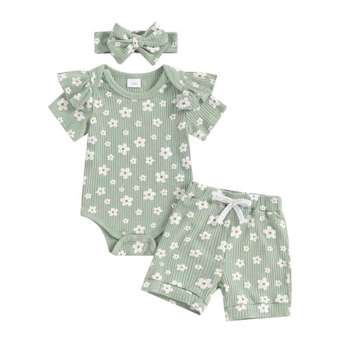 Newborn Baby Girl Clothes Summer Knit Ribbed Floral Print Short Sleeve Romper Shorts Headband Outfit Set
