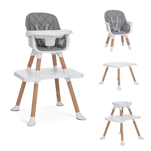 Dream On Me Luna 4-in-1 Convertible High Chair – Transforms into a Booster & Toddler Seat, Then into a Toddler Chair & Table, 5-Point Safety Harness, Adjustable Tray, Anti-Skid Padded Feet – Cool Gray