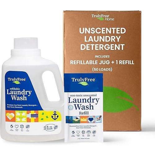 Laundry Wash Detergent for Sensitive Skin, Gentle & Safe for Baby Clothes | Plant-Based, Natural Ingredients | Unscented | Include 1 Refillable Bottle (50 Loads)