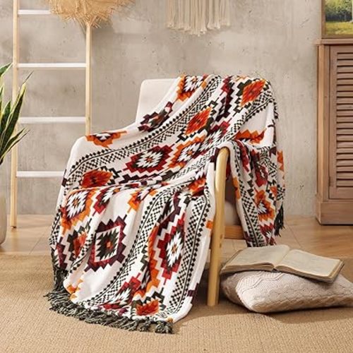 CASAAGUSTO Boho Throw Blanket - Orange and Green Decorative Blankets with Tassel, Printed Flannel Bohemian Blanket for Chair, Bed, Sofa, Couch(50 * 60, Orange and Green)
