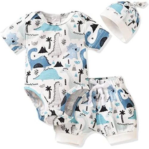 HINTINA Preemie Newborn Infant Baby Boys Outfits Dinosaur Bodysuit Romper Short Pants Hats 3Pcs Summer Clothes Set
