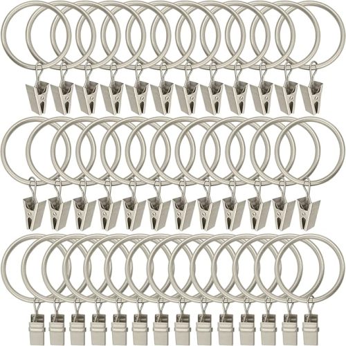 40 Pack Matte Silver Curtain Rings with Clips, Curtain Hooks Hangers Clip Rings for Hanging Drapes Bows Hat, Drapery Rings 1.5 in I D, Fits up to 1.2 in Diameter Curtain Rod.